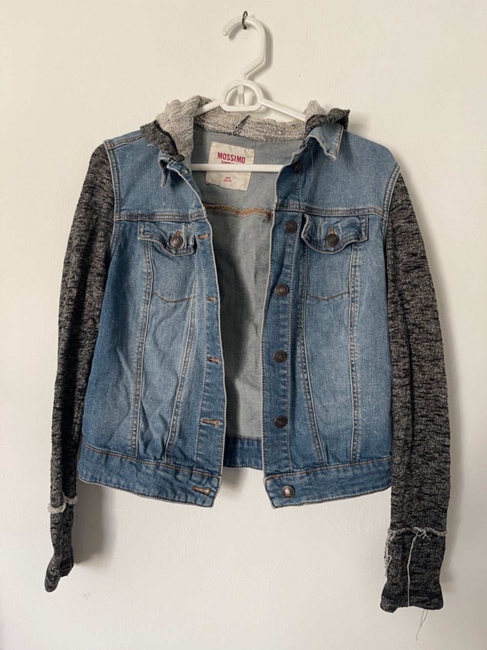 Mossimo Supply Co. Blue Denim Jacket with Gray Knit Hoodie Sleeves